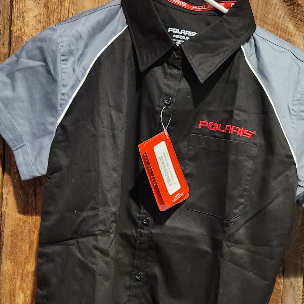 New Polaris Womens Black Gray Short Sleeve Button up Pit Garage Shirt Size Mediu